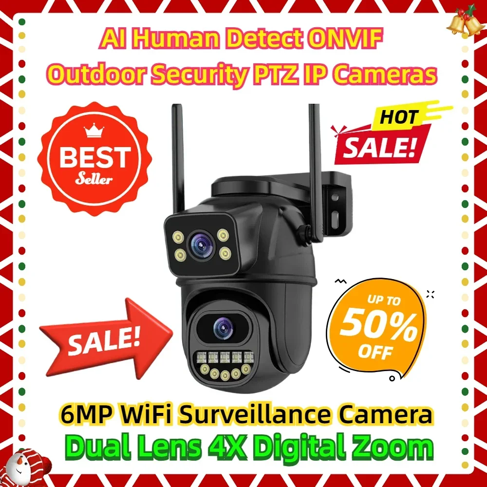 

AI Human Detect ONVIF Outdoor Security PTZ IP Cameras 6MP WiFi Surveillance Camera Dual Lens 4X Digital Zoom