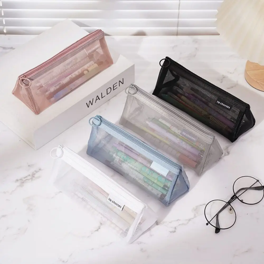 

Nylon Mesh Pencil Case Retro Color Large Capacity Transparent Bills Bag Cosmetic Bag Triangle Zipper Stationery Bag Student