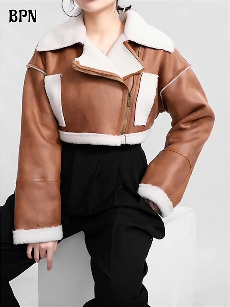 BPN Patchwork Lambwools Leather Jackets For Women Lapel Long Sleeve Spliced Zipper Hit Color Short Winter Coats Female New Style