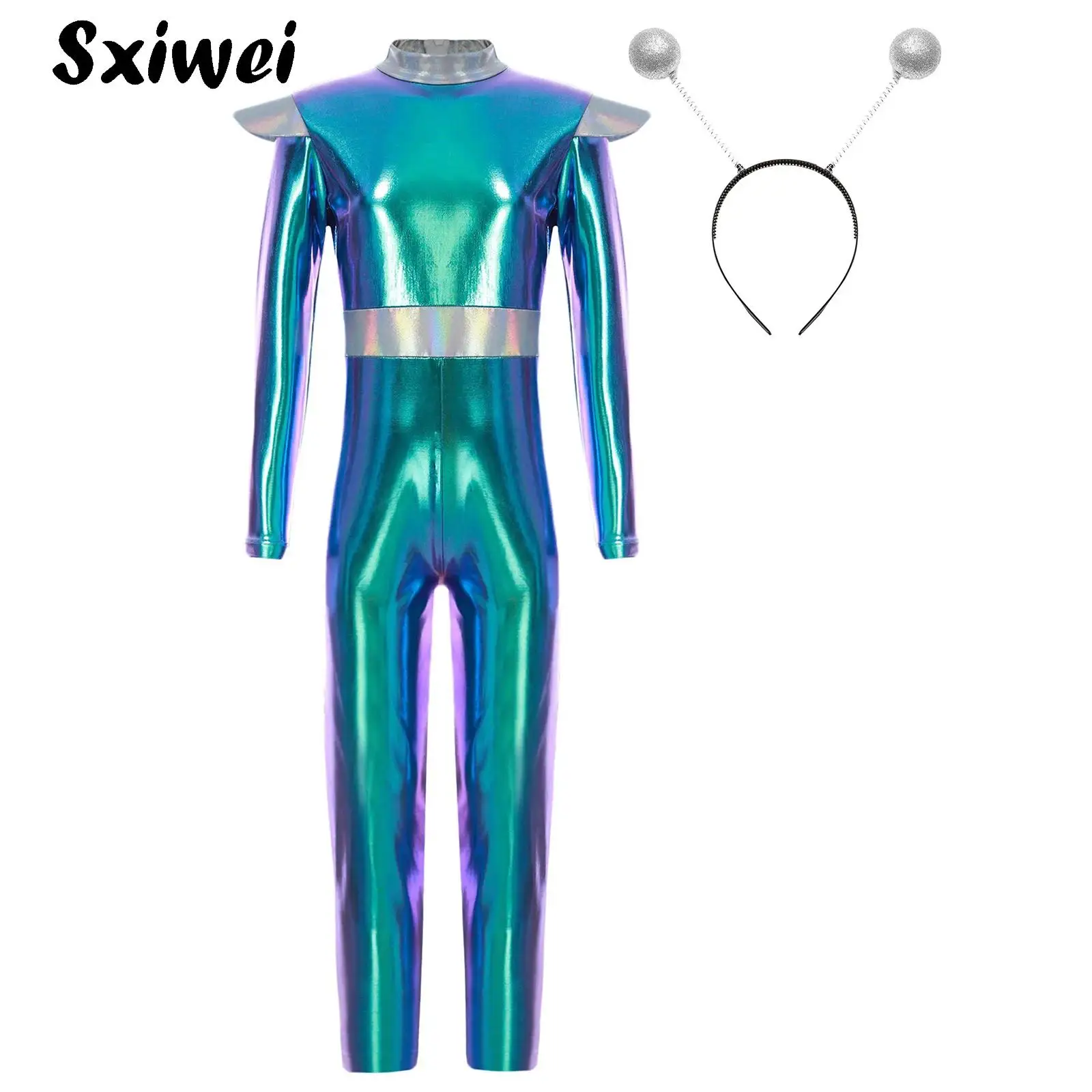

Boys Girls Shiny Alien Outerspace Halloween Cosplay Costume Space Man Astronaut Holographic Bodysuit Jumpsuit Dress Up Outfits