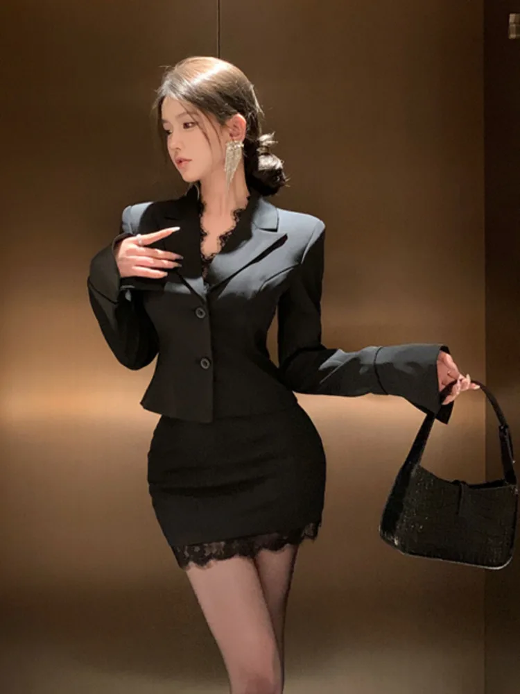 High Quality Elegant Fashion 2 Piece Set Women Stylish Lace Patchwork Blazer Coat + Skirt Sets Ladies Korean OL Two Piece Suits