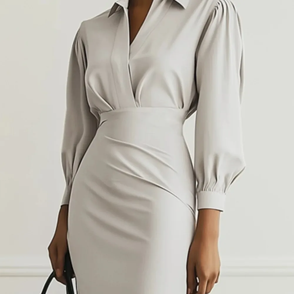 فستان بسيط وعصري برقبة على شكل حرف V بلون سادة وخصر مشدود للنساء للخريف #5