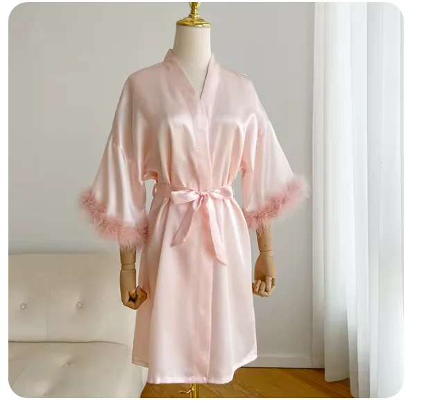 Bata de satén para novia y dama de honor, Kimono íntimo, lencería Sexy, manga de plumas, albornoz, camisón corto, ropa de dormir