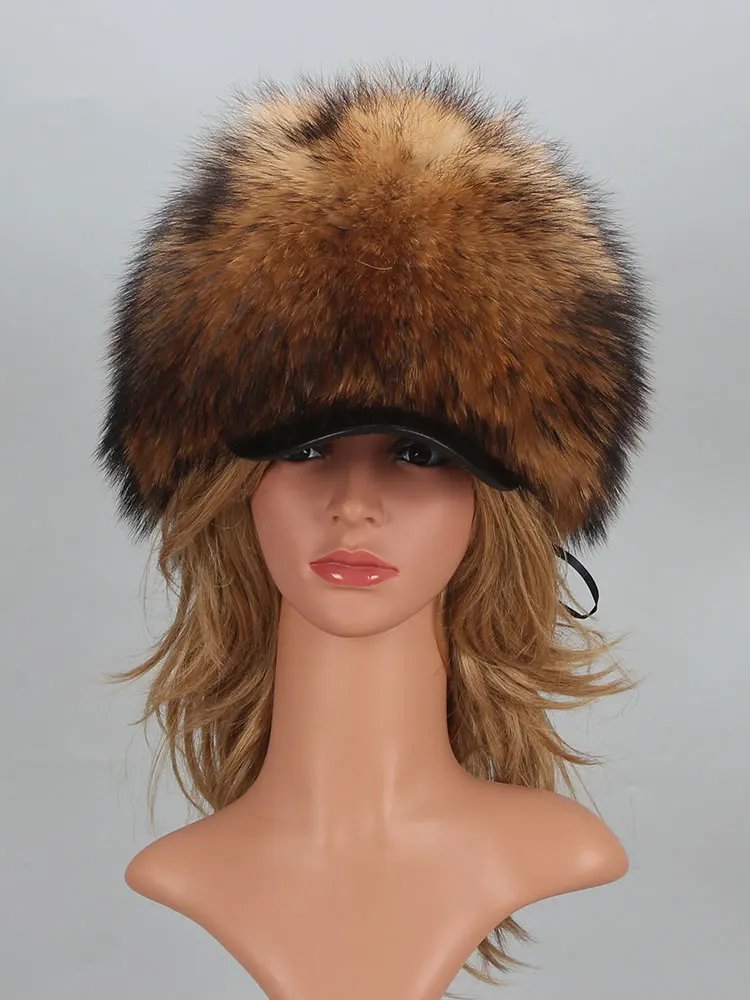 帽子 Real fur cap Real Fox Fur Cap Female Beanie Hat Natural Raccoon Fur Trapper