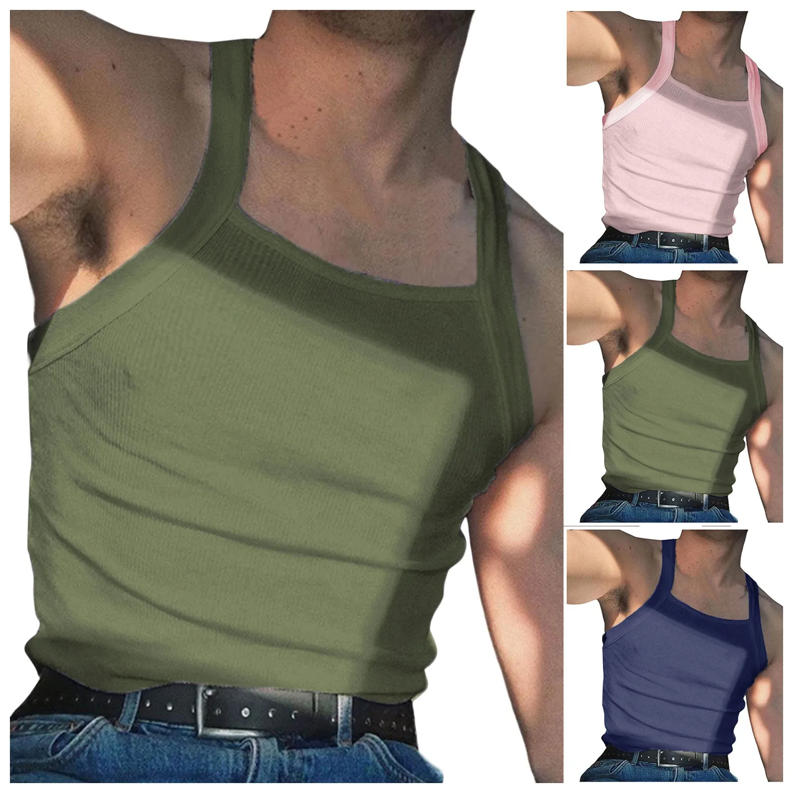 Casual Slim Fit Tank Crop Top For Men Summer Square Collar Sleeveless Blouse Top Men’s Fashion Solid Color Vest Men Clothing