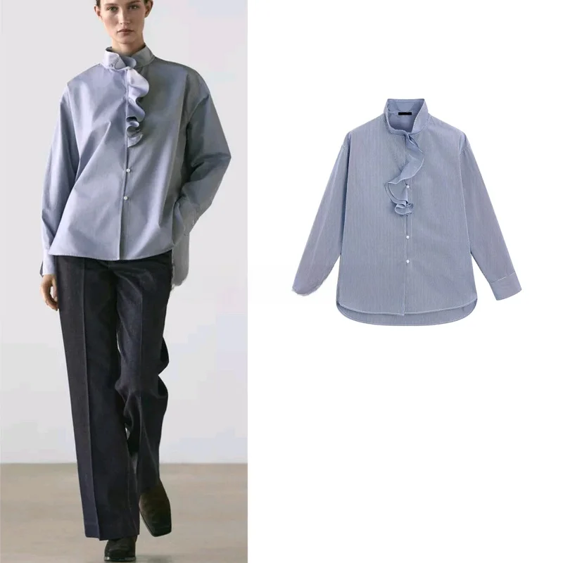 

Женская премиум-блузка Ele Commuter с длинным рукавом и высоким воротником, модный топ, новинка весенней коллекции, с присборенным низом, из полиэфирного волокна