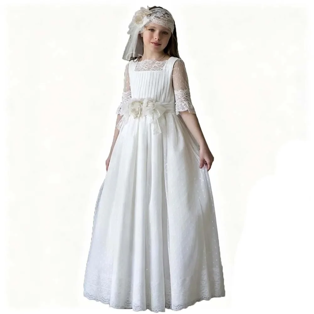Custom Luxury Flower Girl Dress Wedding Birthday Party Pageant Catwalk Square Neck Half Sleeve Lace Floral White Long Kids Gown