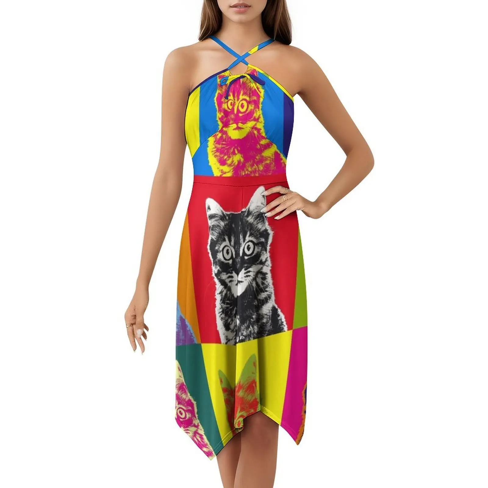 カラフルな猫ヴィンテージボヘミアンドレスパフスリーブまたはノースリーブオプション女性用ドレス猫タビーキトゥン猫ペットポートレート