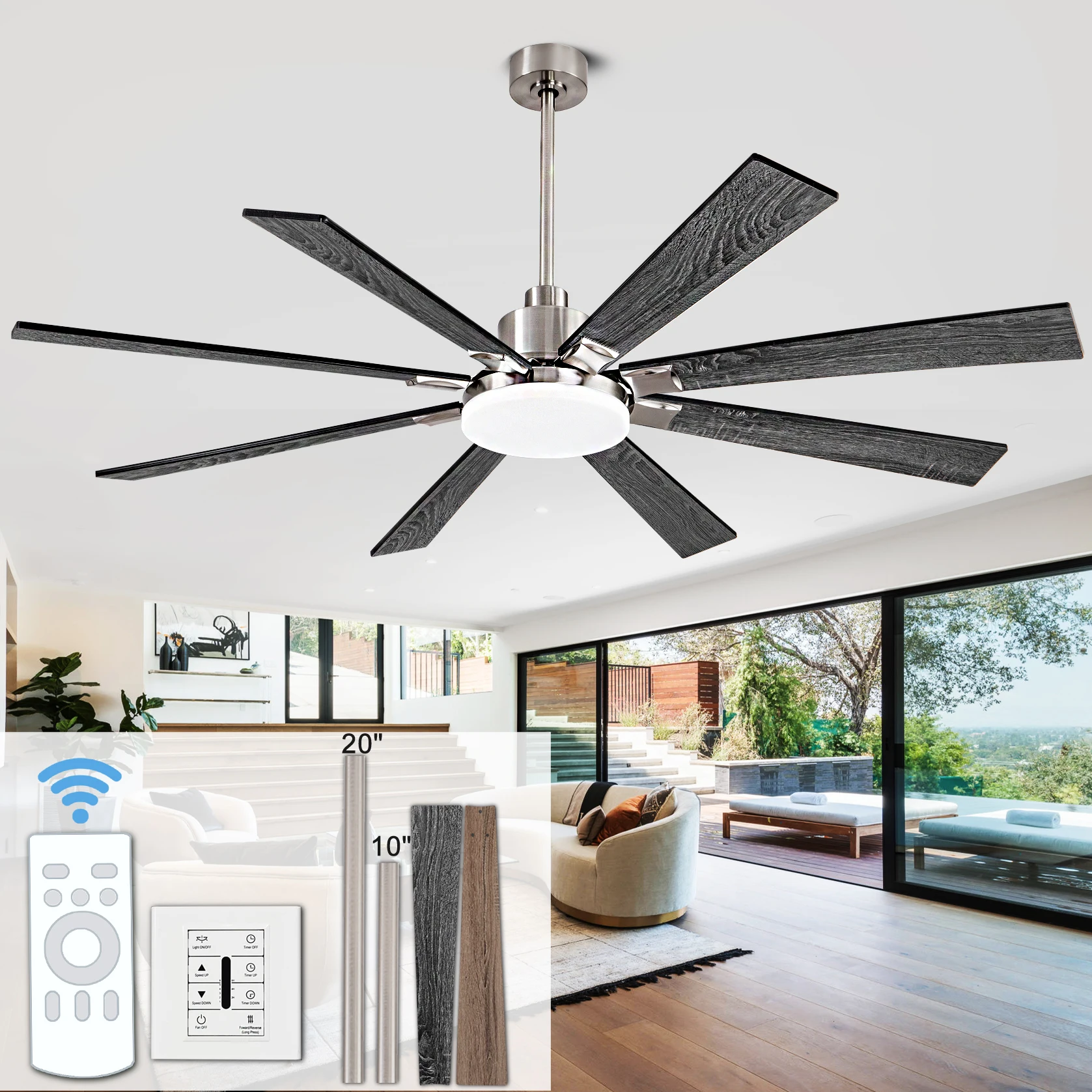 72inch Ceiling Fan WIth Light 8 Leaf Fan Lights Reversible Blades Dimmable Remote Control Living Room Dining Room Light Fans