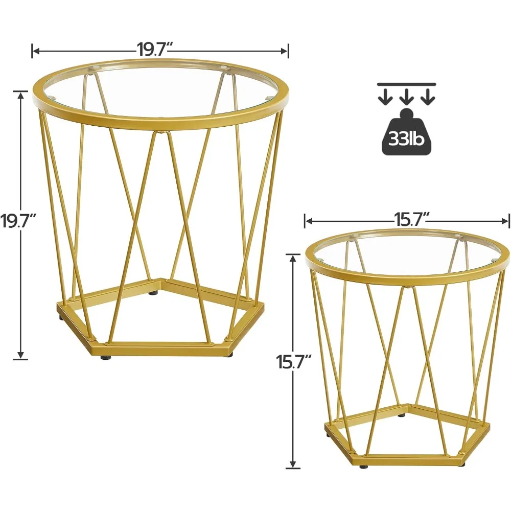 Kleine Salontafel Set Van 2, Ronde Koffie Bijzettafel Met Metalen Frame, Glazen Blad, Gouden Bijzettafel Voor Moderne Stijl