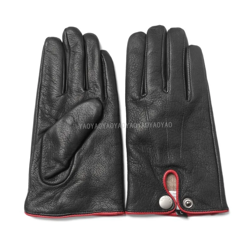 

Winter Gloves Men Genuine Leather Gloves Deerskin Black Real Buckskin Wool Lining Warm Driving Gloves New Male Mittens