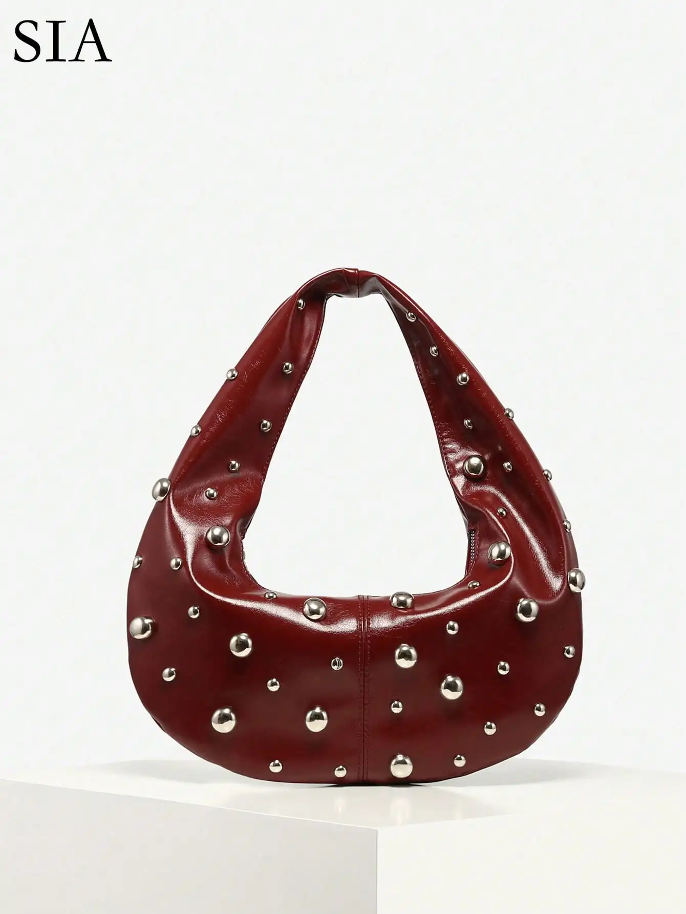

Women's Faux Leather Crescent Shoulder Bag with Silver Studs, Large Capacity for Daily Wear