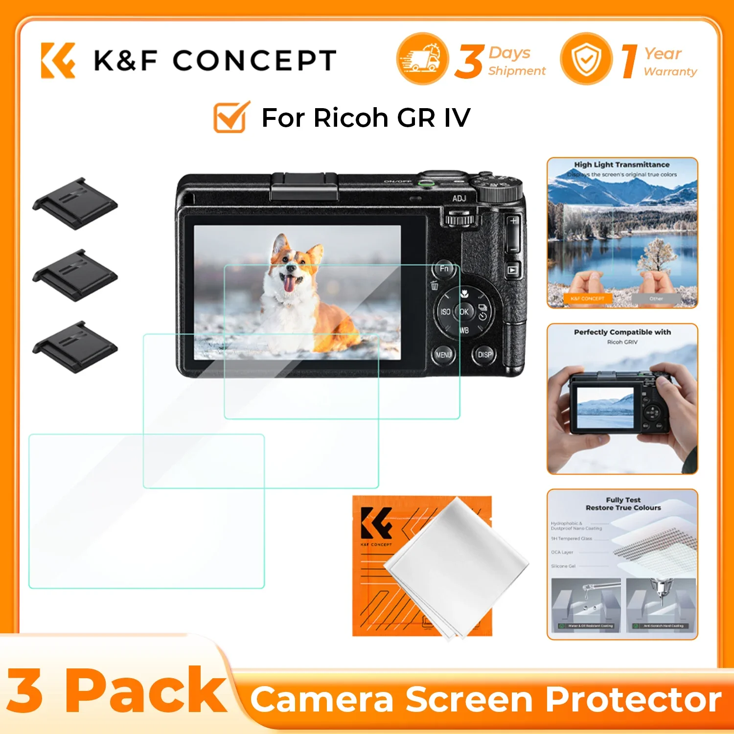 K&F CONCEPT 3 Pack Camera Screen Protector For Ricoh GR IV 9H Hardness Tempered Glass Anti-Scratch Bubble-Free Hot Shoe Cover
