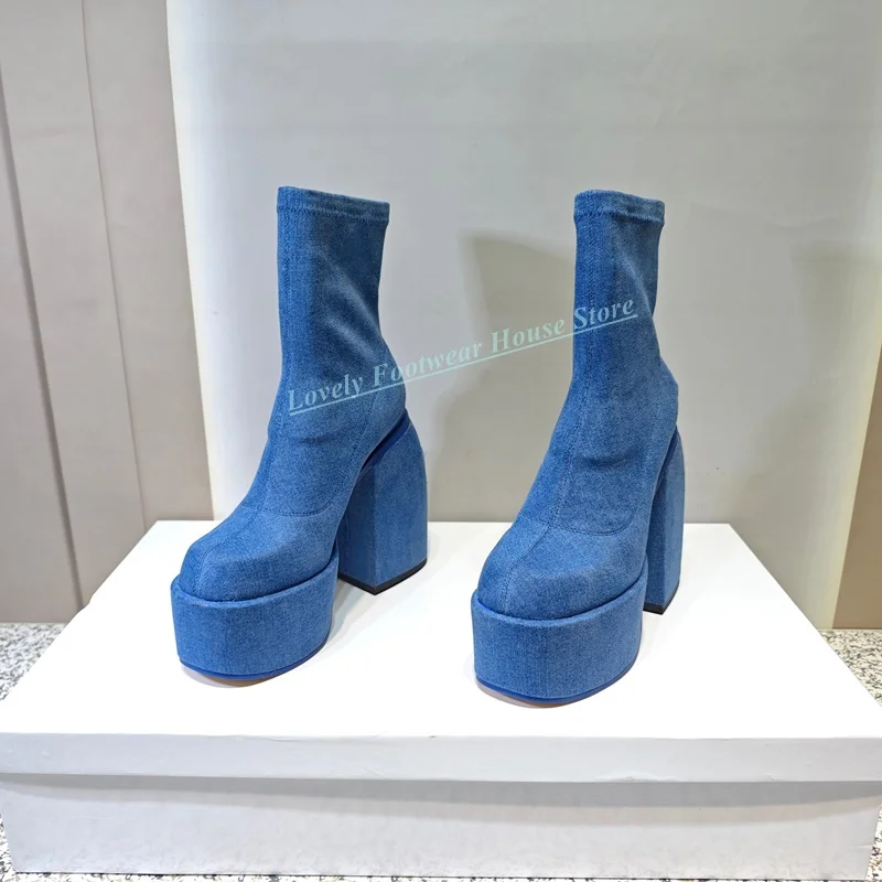 Breathable Blue Denim Stretch Woman Ankle Boots Square High Heel With Platform Female Slip On Round Toe High Top Boots Shoes