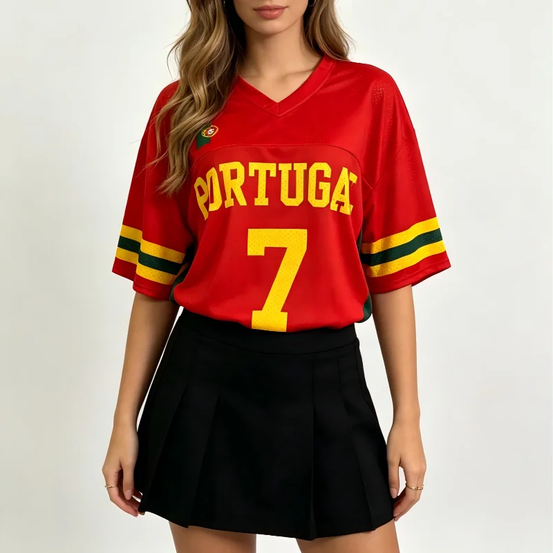 Retro No.7 Jersey Loose Fit T-Shirt Contrasting V-Neck Mesh Breathable Short Sleeve Sports Style Top for Casual Wear