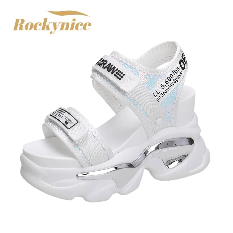 New 2023 Summer Women High Platform Sandals 10CM Wedge Heels Bling Slippers Peep Toe High Heels White Leather Chunky Flip-Flops