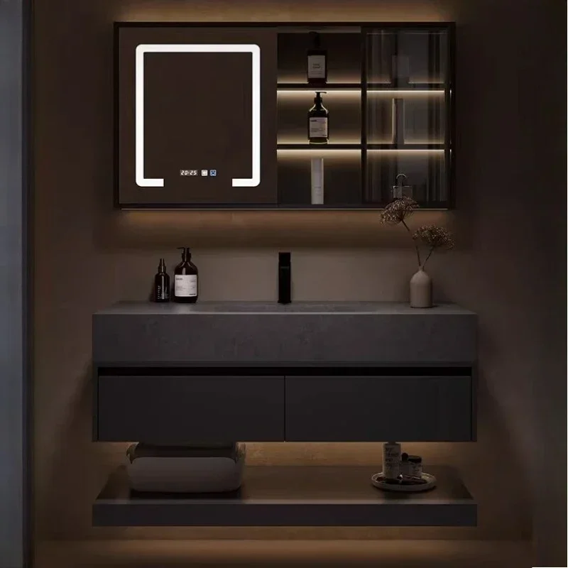 

Навесная тумба для ванной с зеркалом и мягким закрыванием дверей, столешница из керамогранита, 2 выдвижных ящика