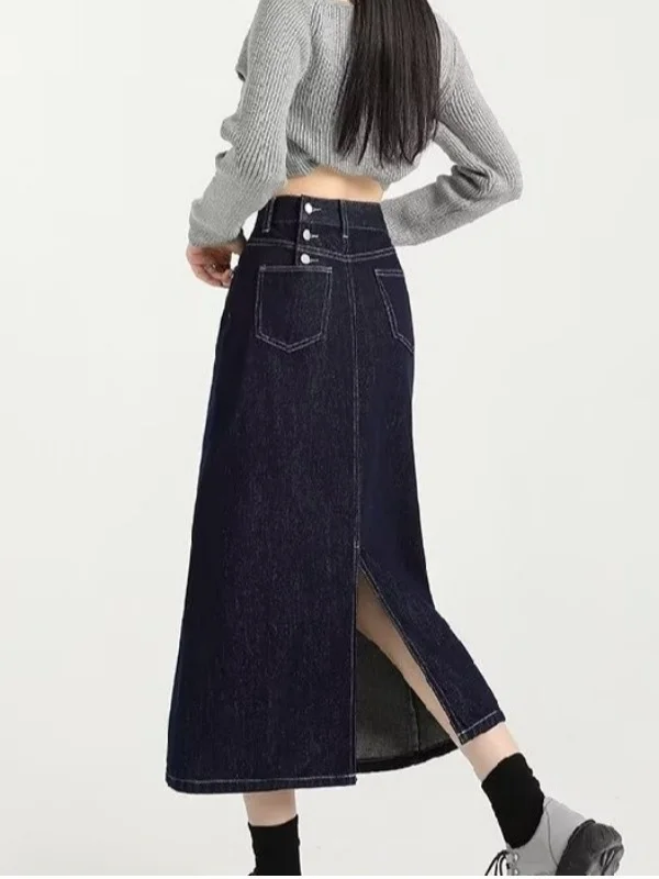 

Свободная джинсовая юбка средней длины в стиле ретро с высокой талией, женская весенне-осенняя новая облегающая юбка с разрезом, повседневная хлопковая юбка