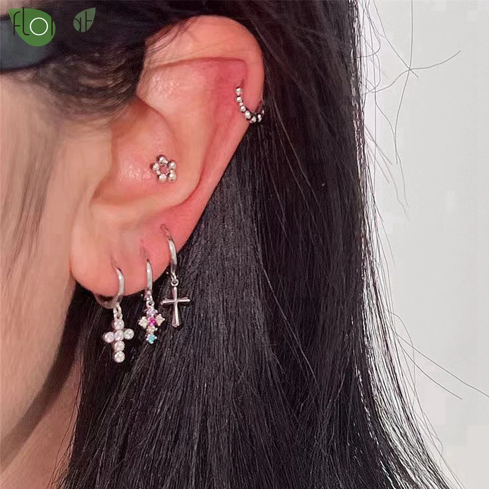 925 Sterling Silver Needle Fashion Cross Pendant Hoop Earrings for Women Vintage Gold Color Small Earrings Luxury Jewelry Gifts