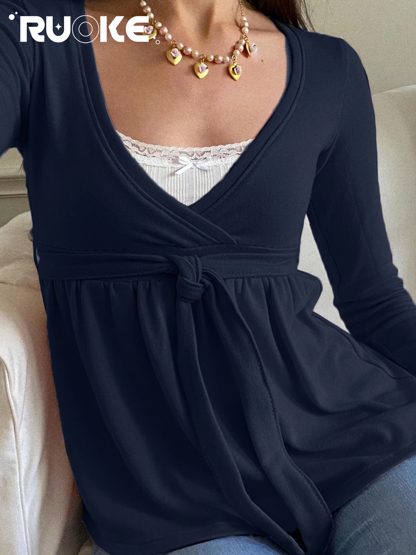 

Overlap Collar Bandage Long Sleeve Tops Simple Shirring A-line Casual T-shirts Gentle Tees Elegant Fall Women Clothes All-match