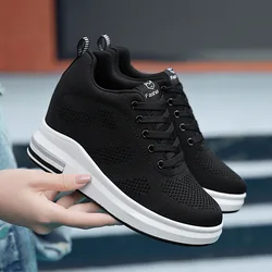 Casual Increase Women Shoes Mesh Comfortable Breathable Wedge Heels Fashion Contracted Lace Up Running Sneakers Tênis Branco