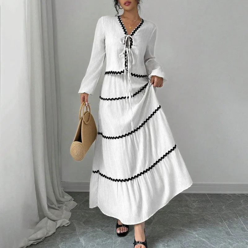 ANJY Spring Summer New Women Elegant Vacation Style Long Sleeve Lace-Up Tops A-Line Skirts Trendy Chic Contrast Color Set A20068