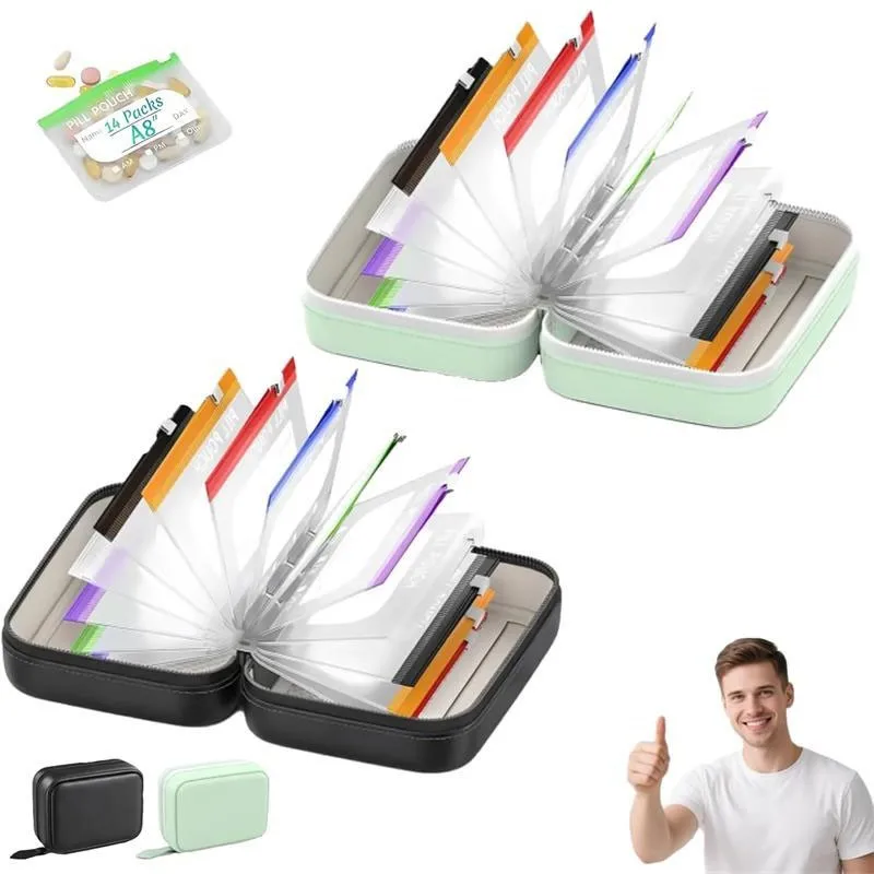 Waterproof Pill Pouch Set – 14 Color-coded Pouches, Writable Labels – for Daily Medication, Vitamins & Supplements