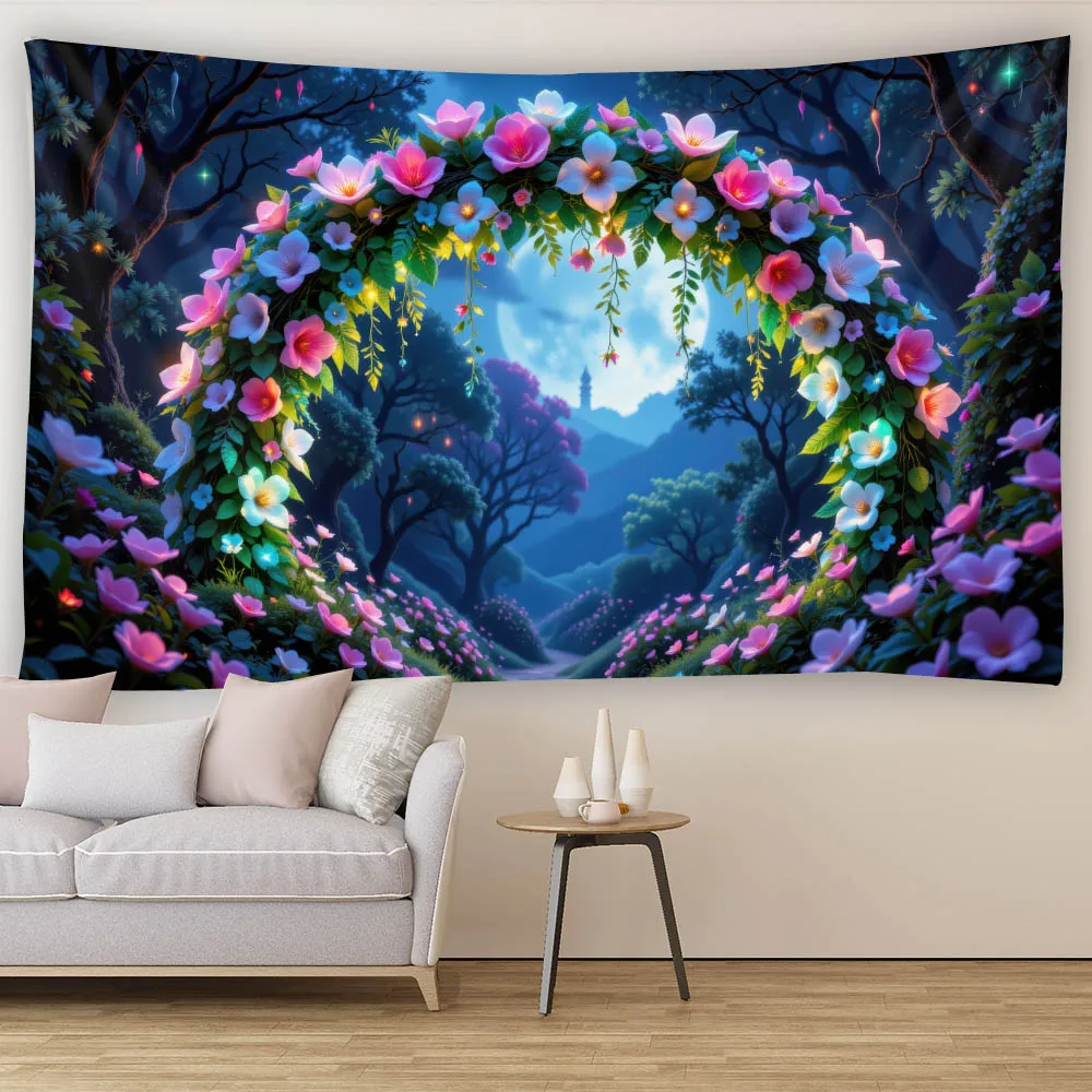 

Natural Wonderland Forest Tapestry, Fantasy Flower Sunrise Moon Landscape Hanging Paintings, Background Wall Decoration
