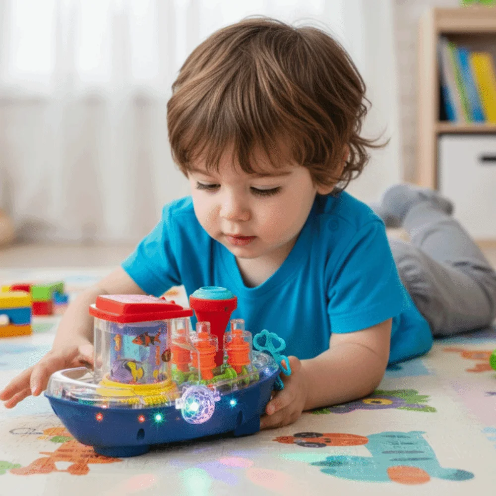Baby Educatief Speelgoed Plastic Transparante Uitrusting Mechanische Auto Geluid Licht Elektrische Bewegende Boot Muzikaal Schip Cadeau