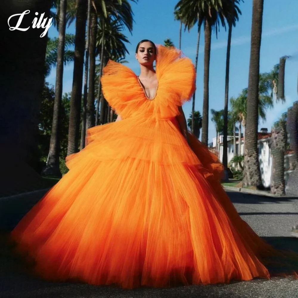 Lily – robe de soirée élégante, couleur Orange, col en v, robe formelle, ligne a, superposée, plissée, traînante, personnalisée