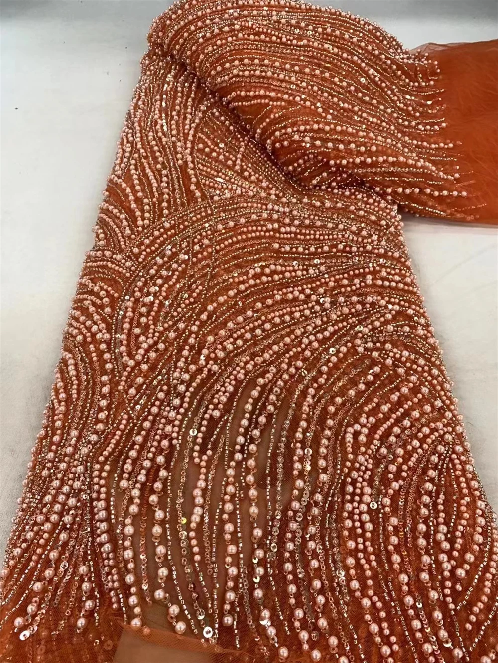 2024 Nigerian Handmade Beaded Tulle 5 Yards Lace Fabric African Luxury Sequins Pearls Mesh Fabric For Bridal Prom Dress