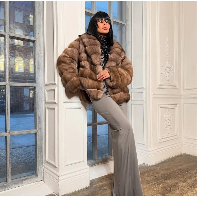 Women Patchwork Faux Fur Coat Elegant Contrast Full Sleeve Lapel Loose Long Staple Plush Jacket Winter High Street Outerwears