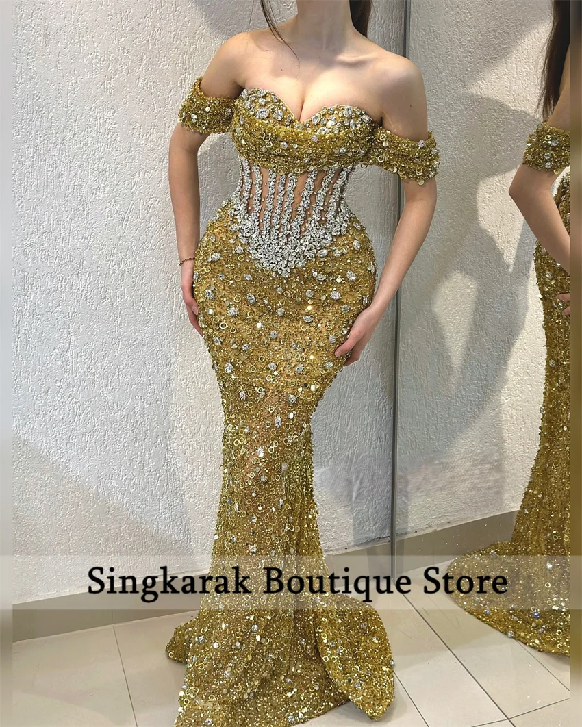 Glitter Gold 2024 Sweetheart Evening Dress Sparkly Beads Sequins Dimoands Rhinestones Mermaid Prom Wedding Party Dress