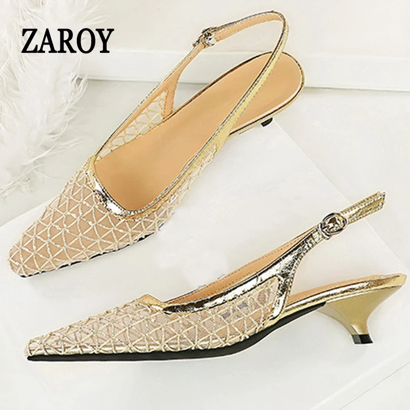 

ZAROY Women Slingback Sandals Summer Breathable Holes Mesh Pumps Elegant Point Toe Low Heel Mules Sexy Party Sandalias босоножки