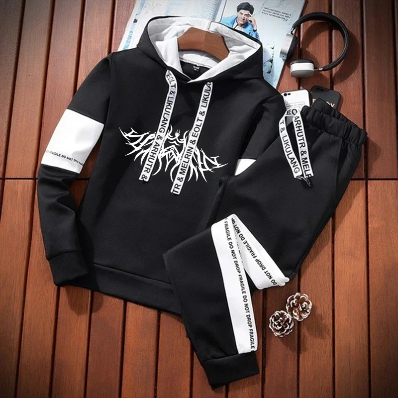 Mens Tracksuit HotSales Black White Hooded Sweatshirt Jogging Sport DailyCasual Clothing Print Fashion Versatile Tops Pants Suit