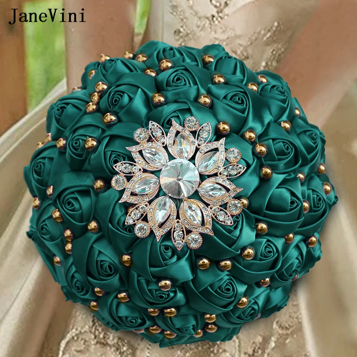 

JaneVini New Luxury Rhinestone Dark Green Bridal Bouquets Bling Gold Pearls Artificial Satin Roses Bride Wedding Flowers Bouquet