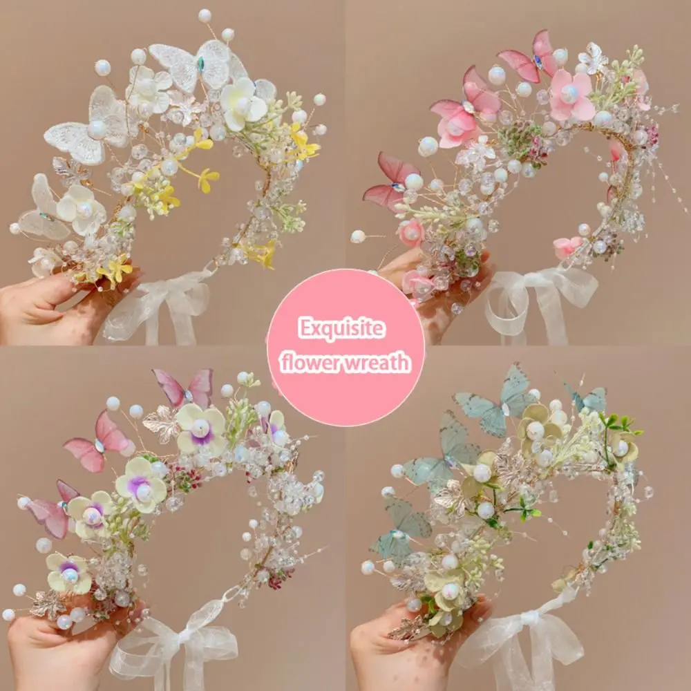 

Fashion Forest Garland Headdress Butterfly Floral Crown Pearl Head Hoop Princess Headband Holiday Party