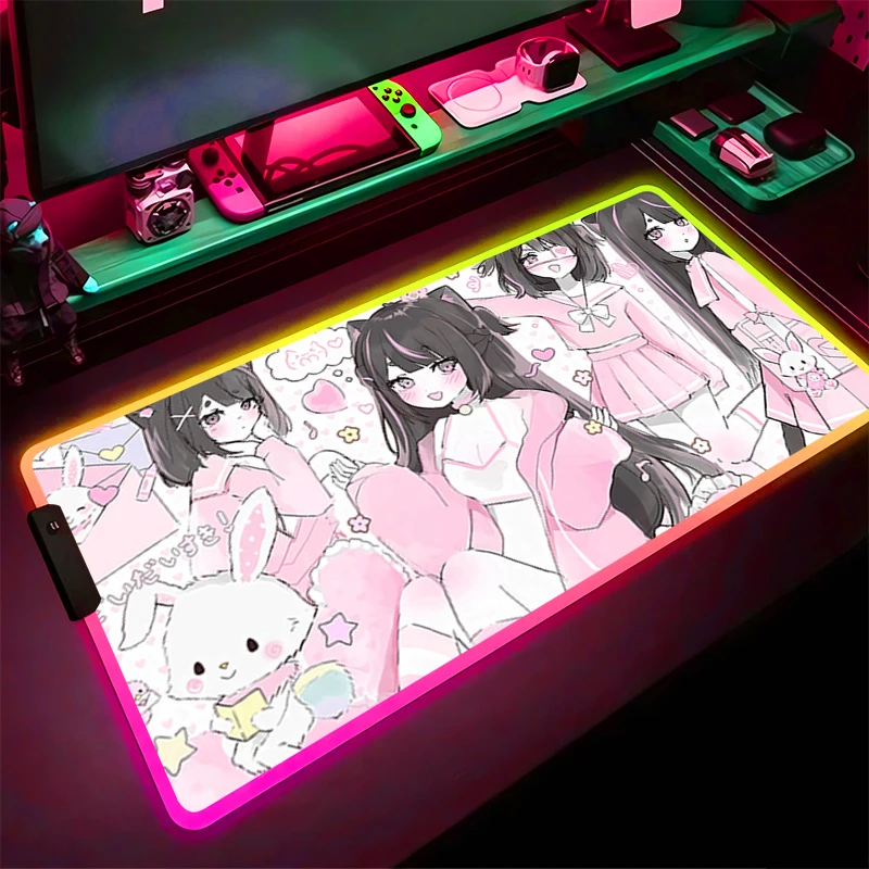 

RGB LED Mouse Pad Gaming Mat PC Accessories Mousepad Desk Mat Non Slip Extended Pad Rubber Pink Illustration Girl Keyboard Pad