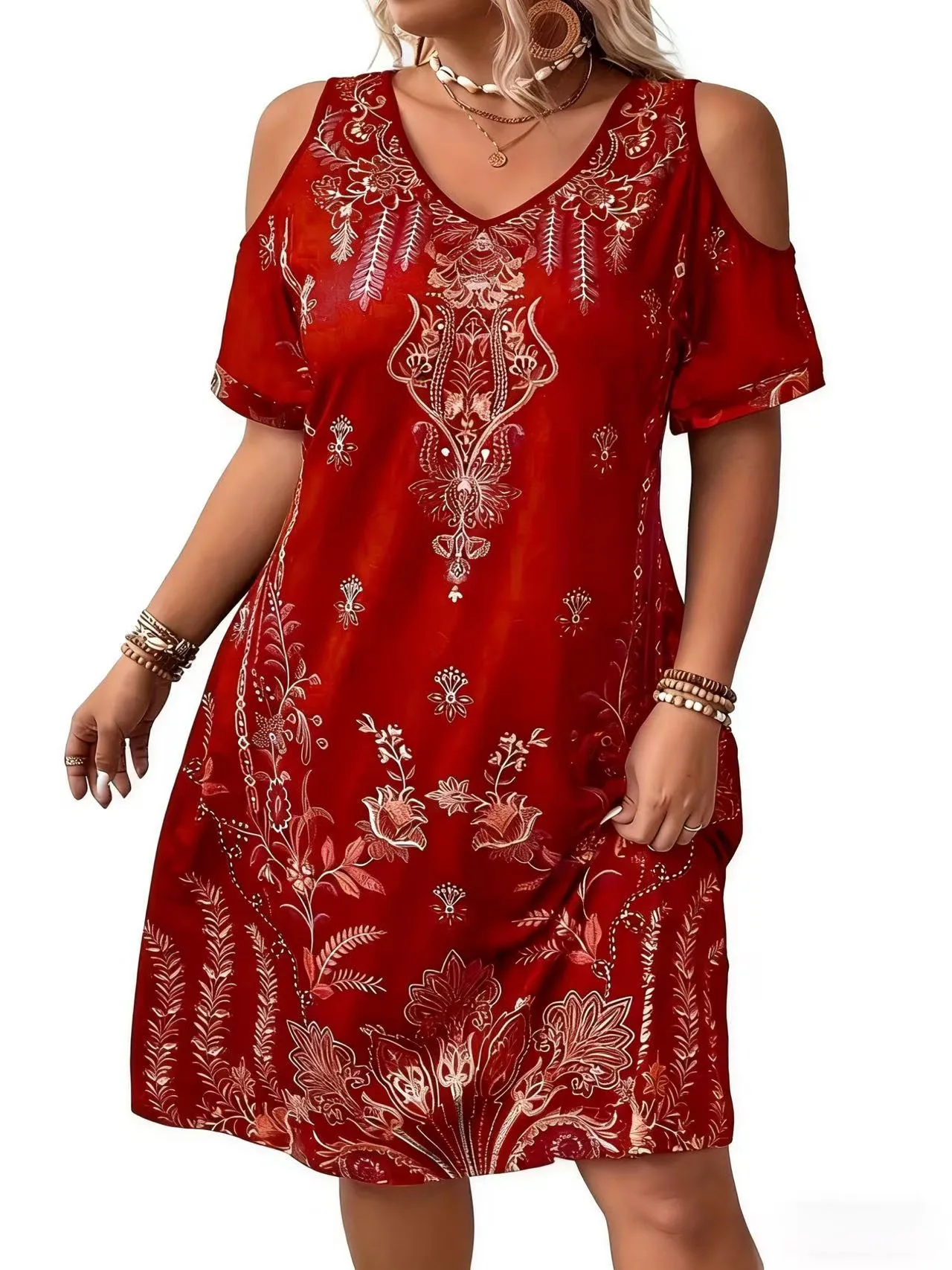 فستان مطبوع على الطراز البوهيمي العرقي مقاس كبير، فستان خارج الكتف، فستان صيفي كاجوال بأكمام قصيرة ورقبة على شكل V، ملابس بمقاسات كبيرة