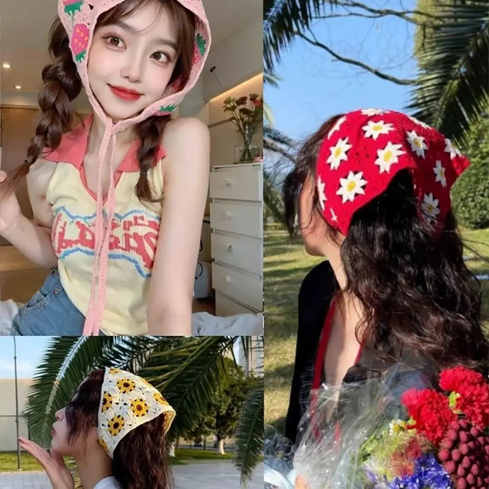 قبعة كروشيه مصنوعة يدويًا ، فرنسية ، نمط رعوي ، مثلث ، محبوكة ، زهرة ديزي ، فراولة