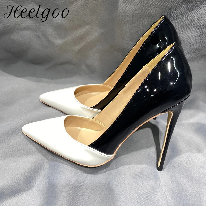 

Женские лакированные туфли Heelgoo, лоскутные черные, белые туфли на высоком каблуке-шпильке с острым носком, большие размеры 44 45 46, женские туфли-лодочки на шпильке