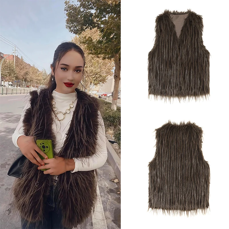 Guobioziy Women's Fur Vest Jacket 2026 Autumn/Winter New Arrival Brown Design European Casual Fashion Trend Ideal for Daily wear