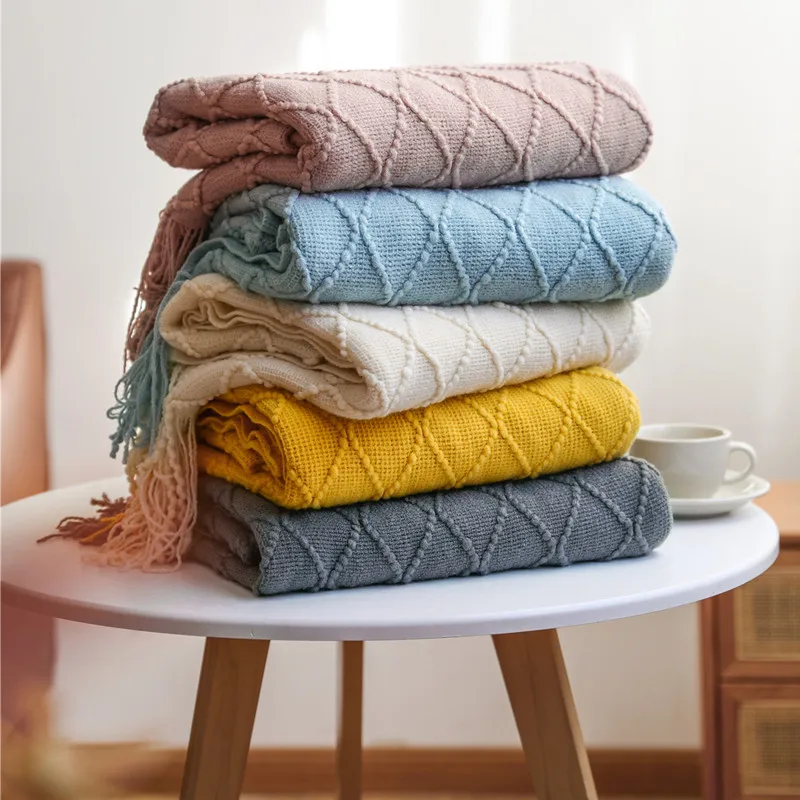 

Simple Soild Knitted Blanket Decor Sofa Cover Blanket Fringe Thin Blanket Office Air Conditioning Blankets Summer Nap Blankets