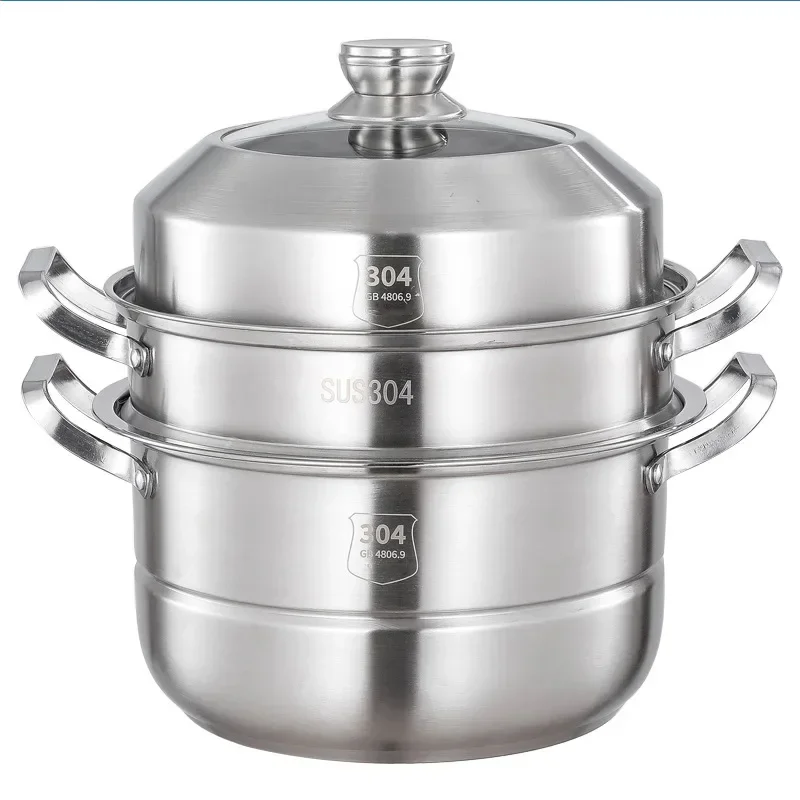 

304 Stainless Steel Food Steamer Three Layers Thick Steamer Household Double-layer Dumplings Drawer Steamed Stuffed Bun Cooker