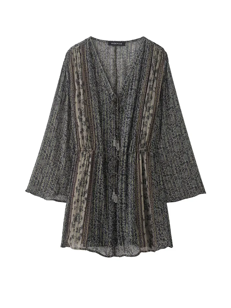 

Женское весеннее модное платье оверсайз с V-образным вырезом, длинными рукавами, мини-длина, повседневное, в стиле High Street, с бантом и шнуровкой, с принтом, для женщин