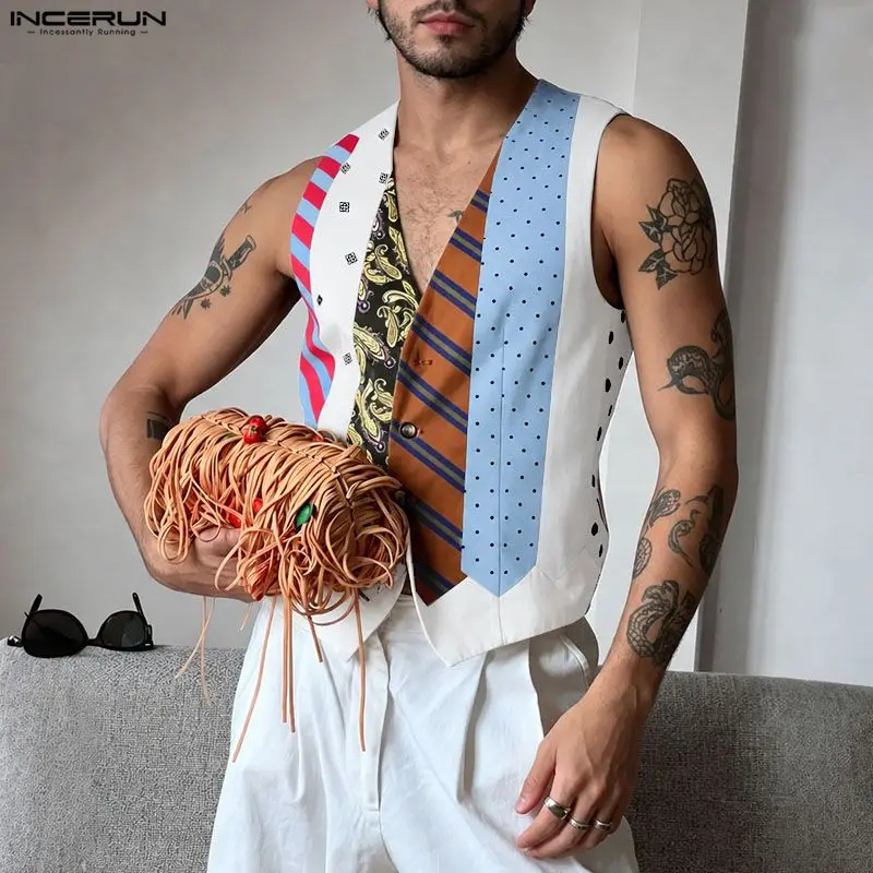 INCERUN Men's Vests Tie Printing V Neck Sleeveless Vintage Casual Male Waistcoats Streetwear Fashion Men Clothes Vests For Man