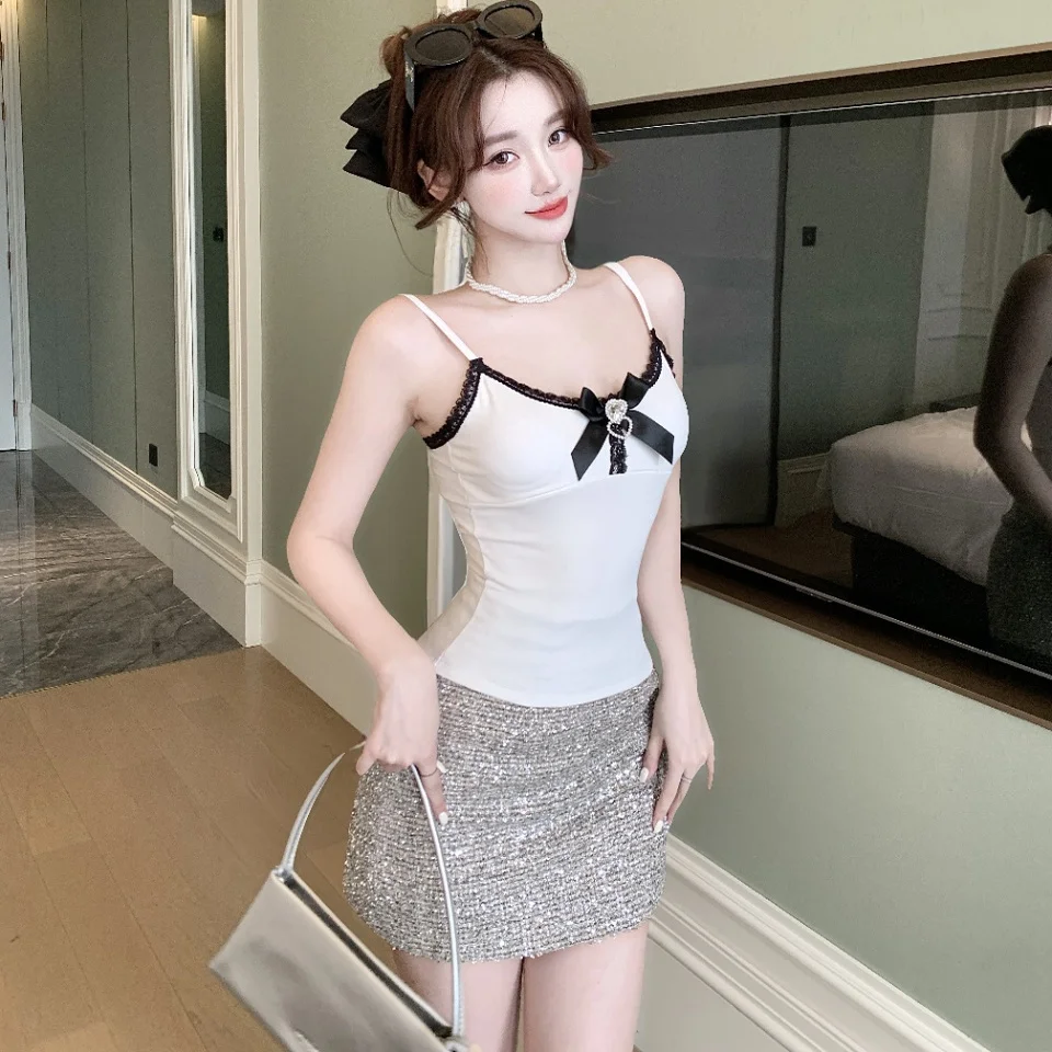 Sweet Style  Knot Polka Dot Trimmed Flocking Vest Women's Slimming Fixed Strap Chest Pad Top for Autumn New Arrival