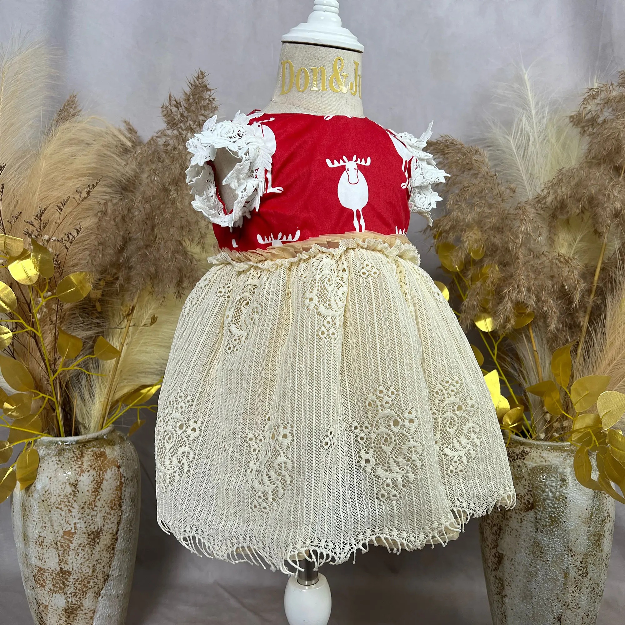 Premium Quality 1-6 Years Old Little Princess Christmas Cute Kids' Clothing Lace Hollowed-Out Embroidered Dress with Exquisite