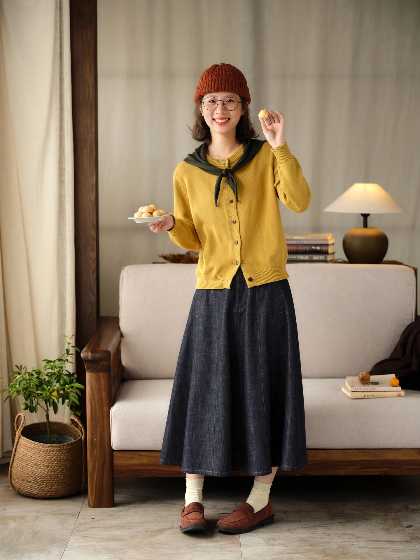 Original Design Cotton Denim High Waist A-Line  Midi Skirt for Women Autumn Season Small Stature Elegant Style