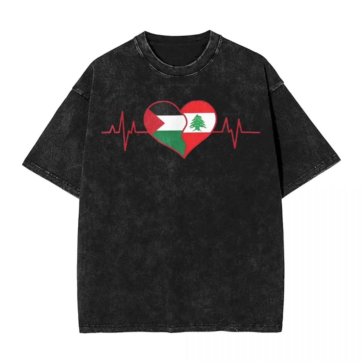 Washed T Shirt Lebanon Palestine Unity Heartbeat Lebanese Palestinian Flag T-Shirts 100% Cotton Printed Tops Tops Tees Men Women